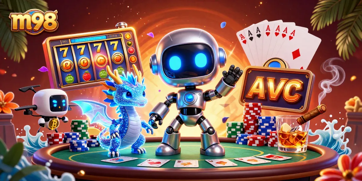 Join in thrilling m98 slots gameplay with a cyberpunk robot and AI dragon in captivating casino art.