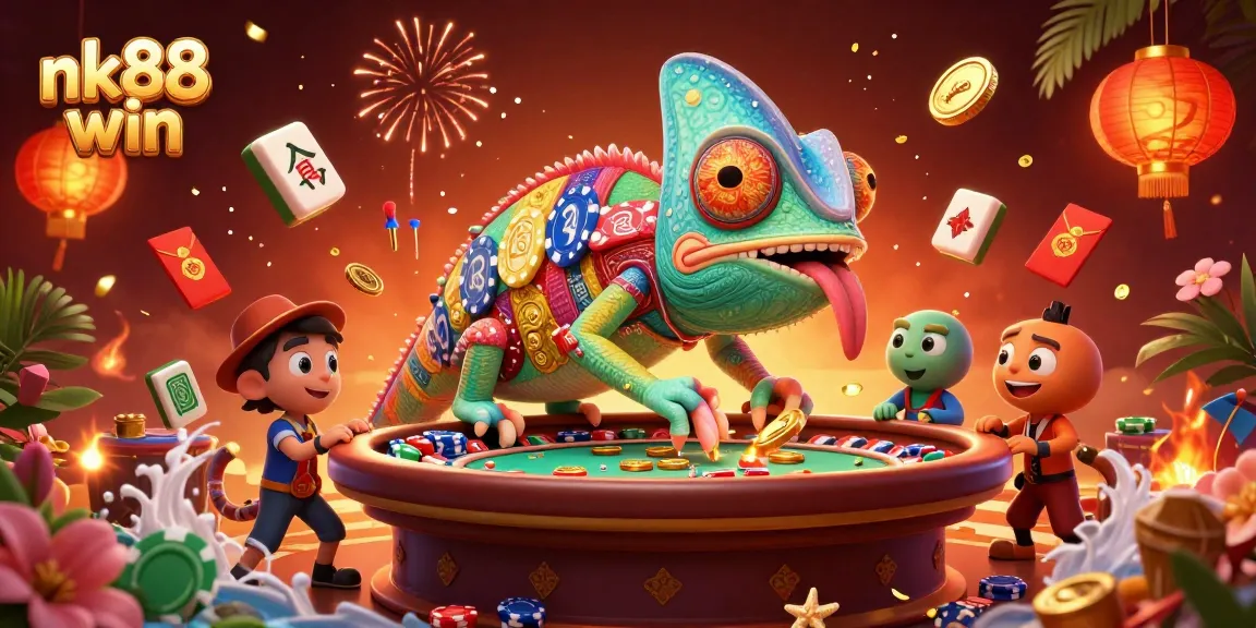Experience nk88 win with exciting gameplay featuring a colorful chameleon casino owner and festive elements.