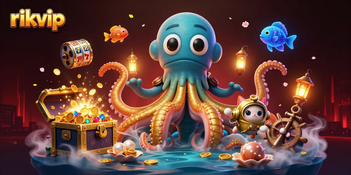 Experience thrilling wins at rikvip with a vibrant 3D scene showcasing a kraken and diving cat.