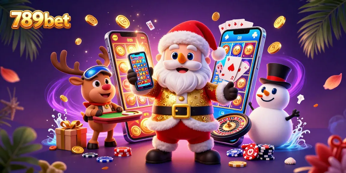 Experience thrilling wins at 789 bet with a vibrant casino scene featuring games and festive characters.