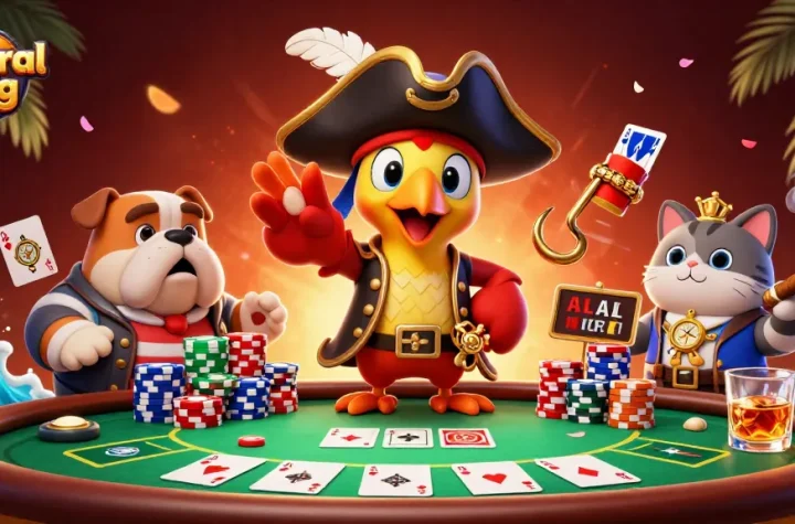 Engage in exciting poker strategies on the general blog with a vibrant pirate-themed scene featuring playful characters and gaming elements.
