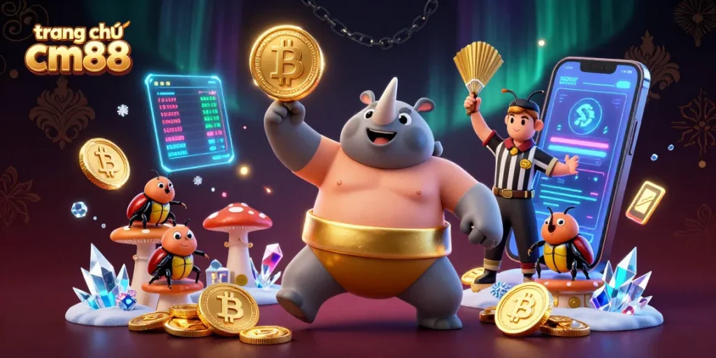 Engaging scene on trang chủ cm88 with rhinoceros beetle champion and golden coins celebrating crypto casino.