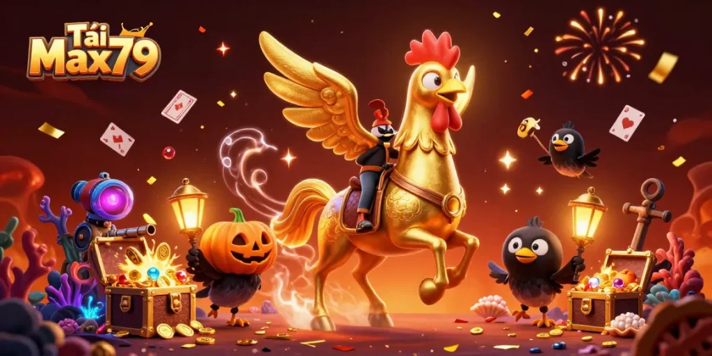 Tải Max79 brings excitement to the midnight casino with golden rooster and crow companions.