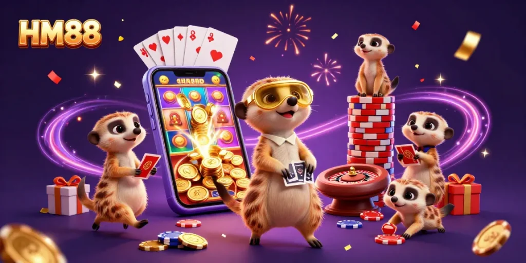HM88 offers an exciting visual of meerkats engaging in vibrant casino activities with colorful gaming elements.