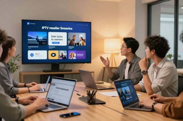 IPTV reseller meeting with clients, showcasing trusted local digital services and professional advice.