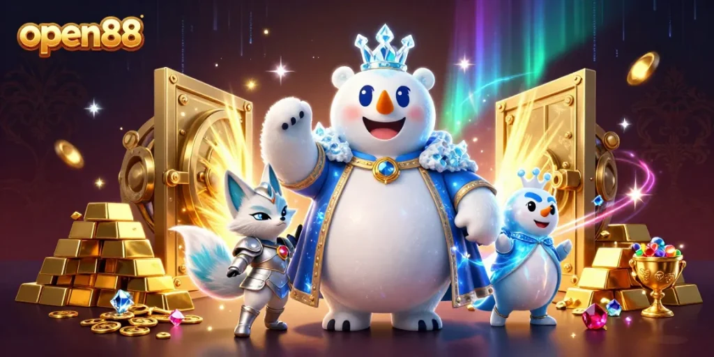Experience thrilling wins at open88 with a dazzling casino scene featuring treasures and royal characters.