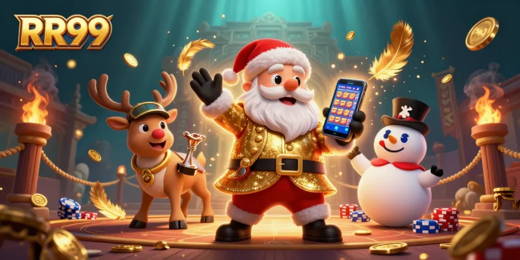 Experience the excitement of RR99 as Santa wins jackpots amidst gold coins and vibrant casino elements.