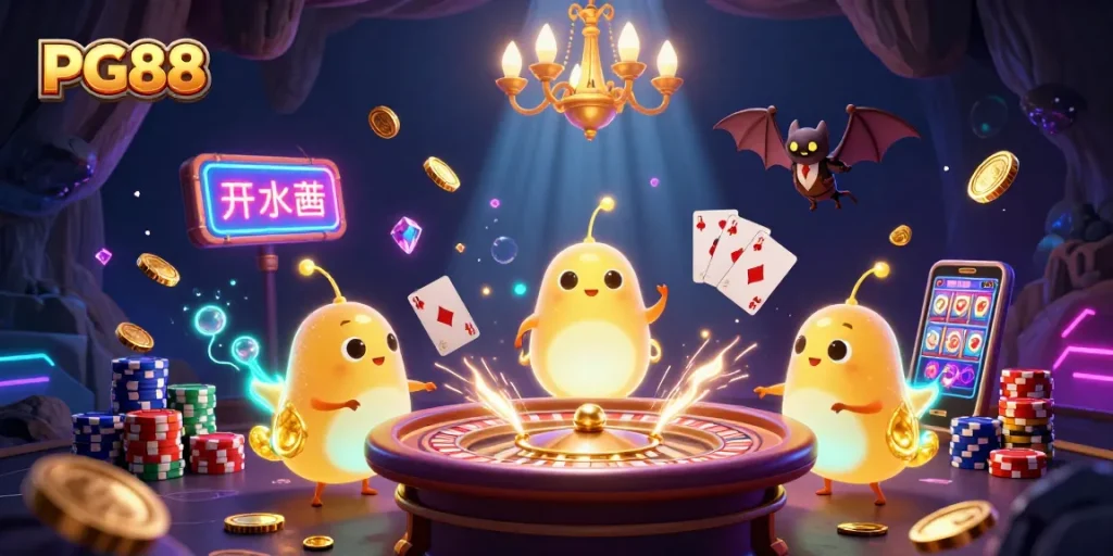 Experience the thrill of gaming at PG88 with a vibrant casino scene featuring bioluminescent glowworms.