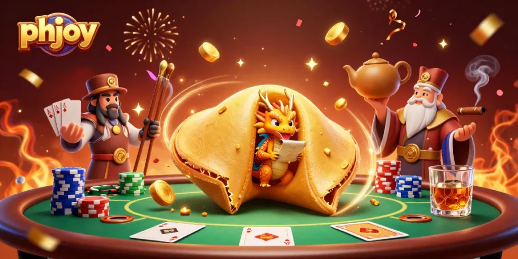 Experience the excitement of phjoy's casino as a golden fortune cookie with a wise dragon guards poker chips.