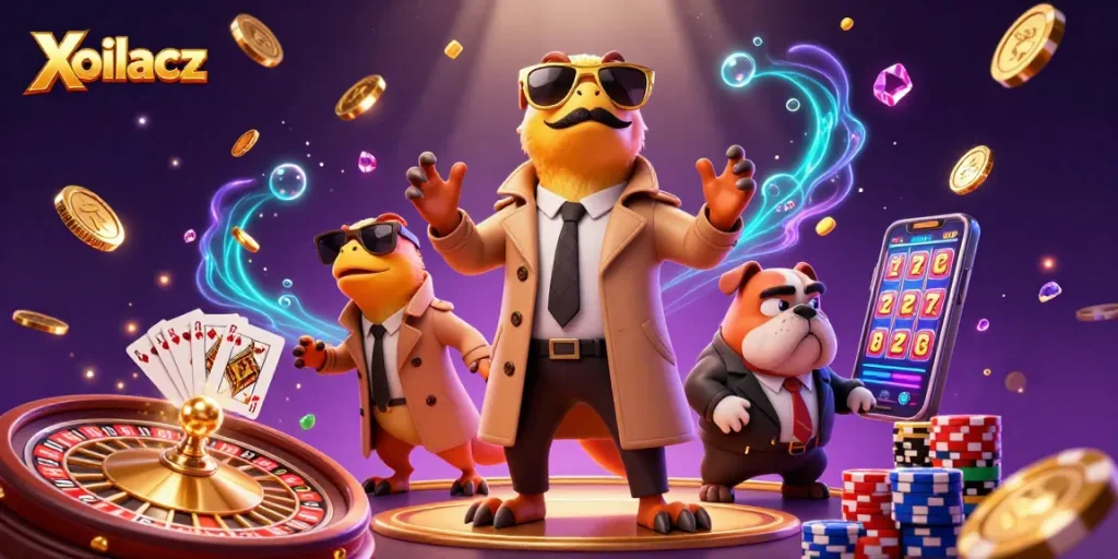 Win big with Xoilacz, as three raptors sneak into a casino lounge amidst sparkling gems and coins.