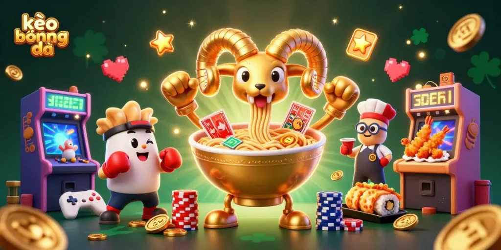 Engage in thrilling kèo bóng đá with a dynamic scene showcasing a giant ramen bowl character and colorful arcade elements.