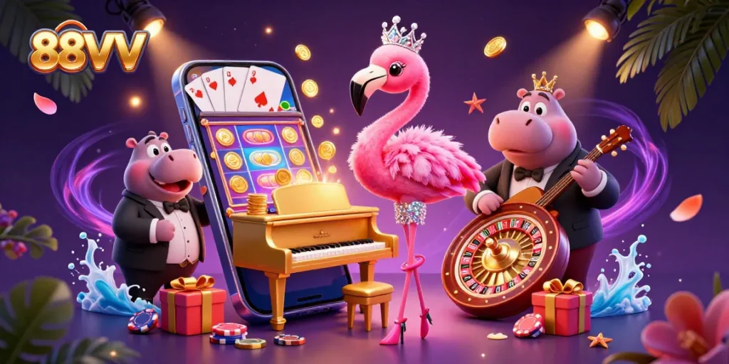 Engage with 88VV's thrilling gaming scene featuring vibrant characters and exciting casino elements.