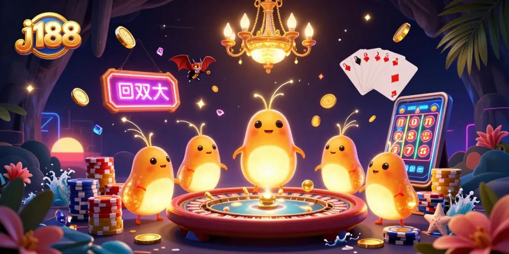Experience the excitement of j188 with glowworms lighting up a vibrant cave casino scene.