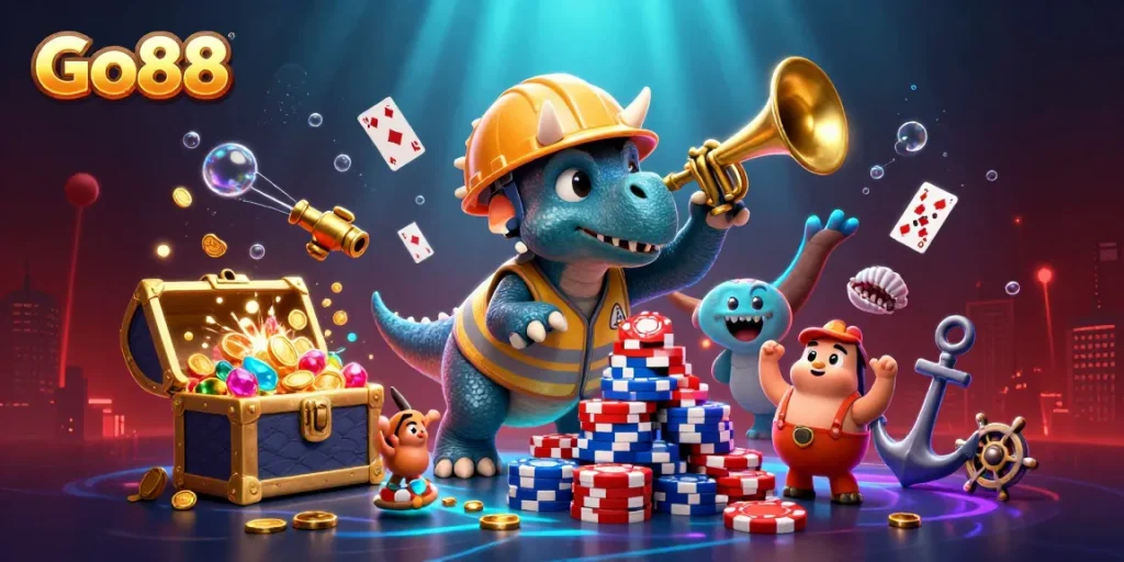 Go88 celebrates gambling success with a vibrant scene of playful dinosaurs amid casino elements.