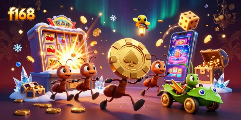 Experience thrilling action at f168 as a team of animated ants heists a giant poker chip amidst a dynamic casino scene.