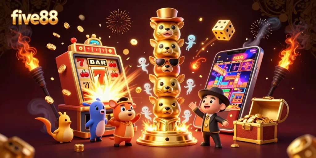 Experience the excitement of five88 with a dynamic casino scene featuring vibrant game elements and an interactive totem.