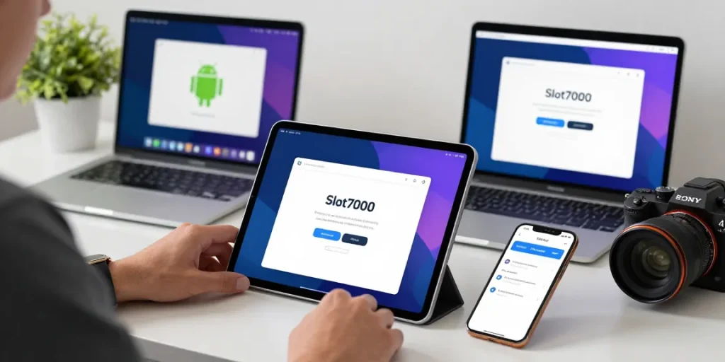 Effortless login to slot7000 app on tablet showcasing anti-block features.