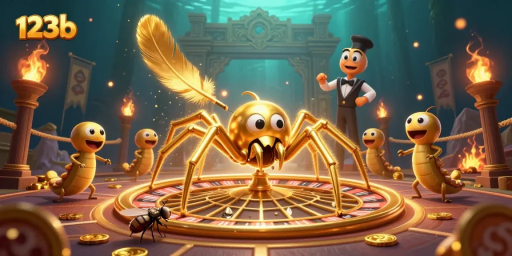 Place bets at 123b with a golden spider and centipede croupier in a vibrant casino scene.