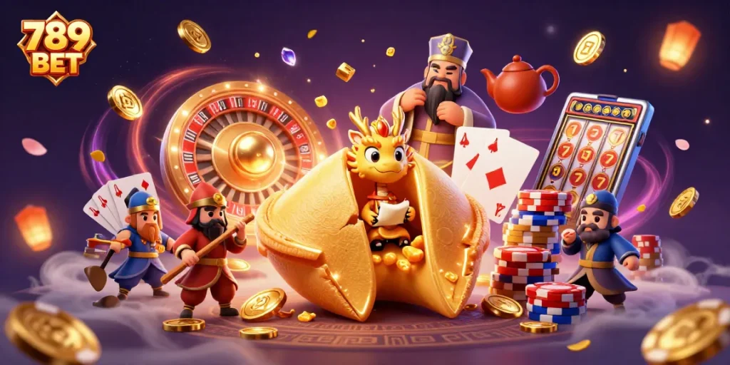 Immerse yourself in the vibrant world of 789 BET with this captivating 3D illustration of a fortune cookie scene.