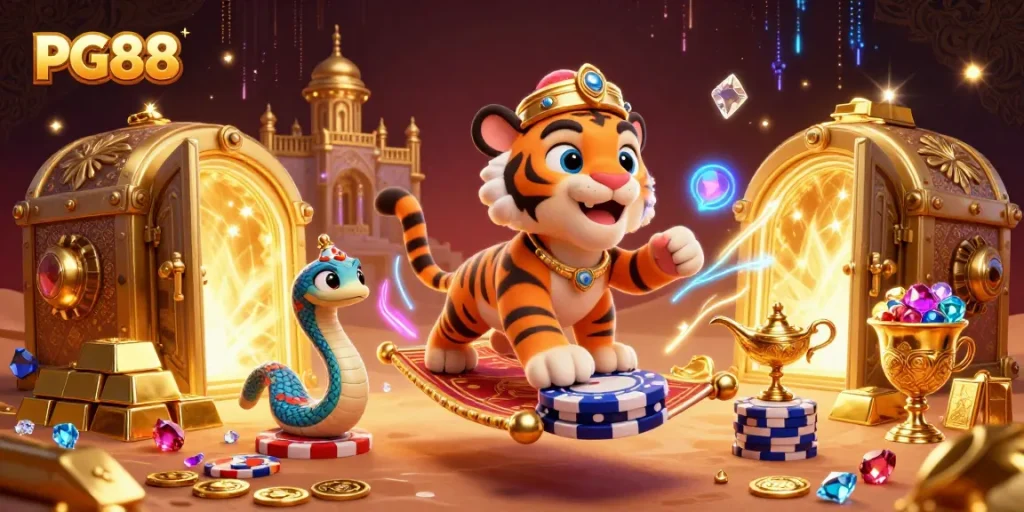 Experience the magic of PG88 with a tiger sultan in a vibrant casino scene full of treasures.