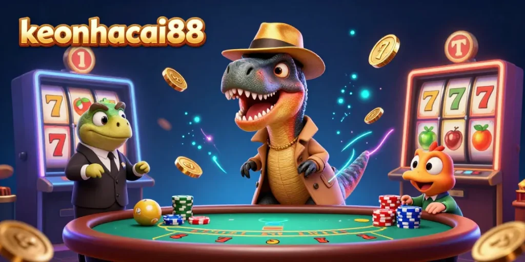 Engage in thrilling casino moments with keonhacai88 as a velociraptor card counter seeks a win amidst vibrant slot elements.