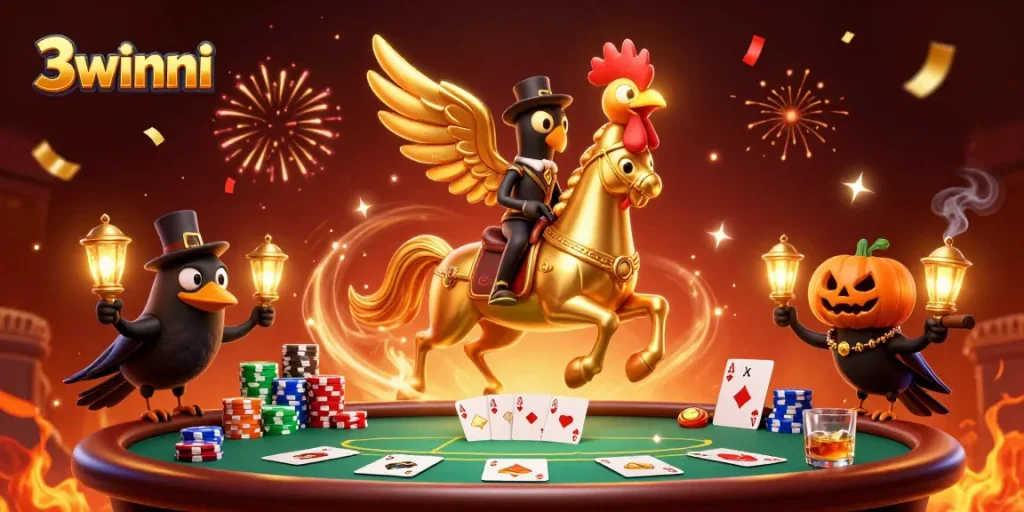 Engage in exciting casino action with 3winni's vibrant golden rooster character amidst poker fun.