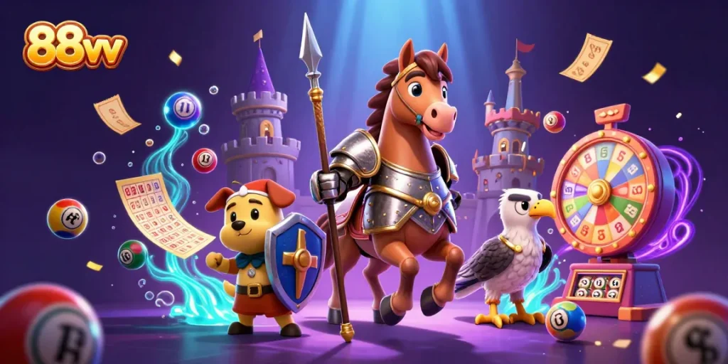 Engage with 88vv's vibrant lottery scene featuring a knight, squire, and falcon amidst dynamic gaming elements.