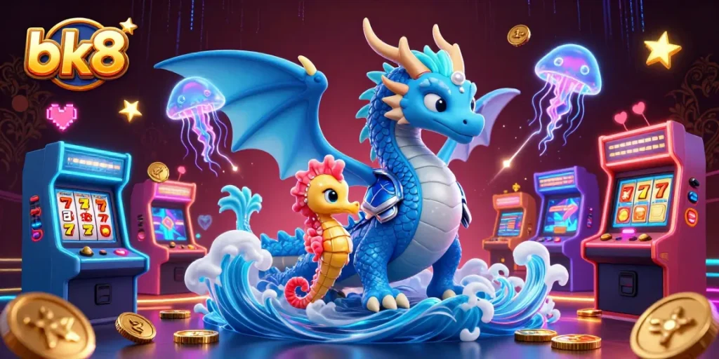Experience the thrill of bk8 with an immersive casino-inspired 3D scene featuring a majestic water dragon and arcade elements.