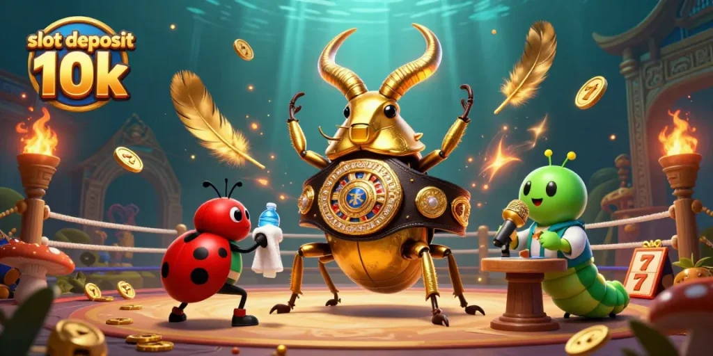 Experience the thrill of slot deposit 10k with a golden stag beetle boxing champion battling for jackpots.