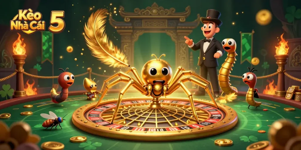 Kèo Nhà Cái 5 showcases a golden web roulette scene with animated gambling elements and characters.