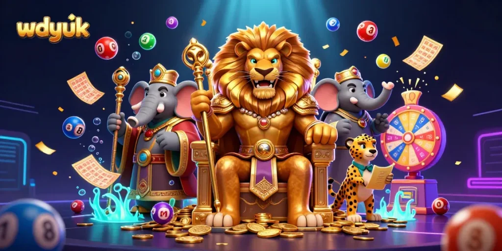 Engaging wdyuk lottery scene featuring dynamic cartoon characters amidst vibrant gaming elements.
