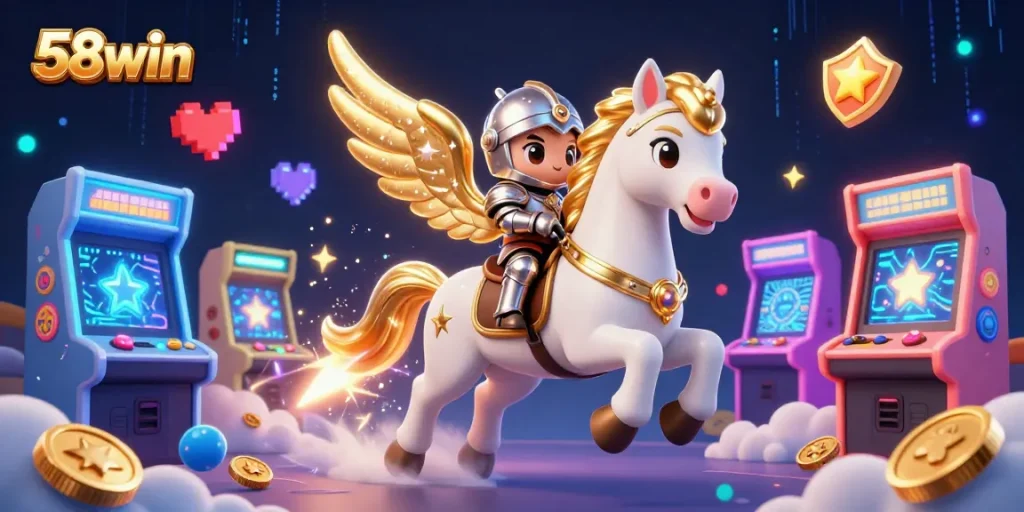 Experience thrilling adventures with 58win and a magical celestial horse in this vibrant casino scene.