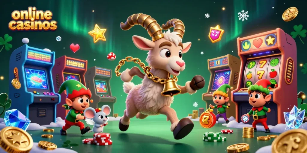 Engage in online casinos featuring Krampus, angel mouse, and gremlins amid festive chaos.