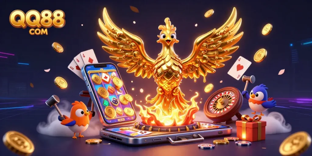 Play exciting games at QQ88 COM as a golden phoenix emerges into a world of fun and rewards.