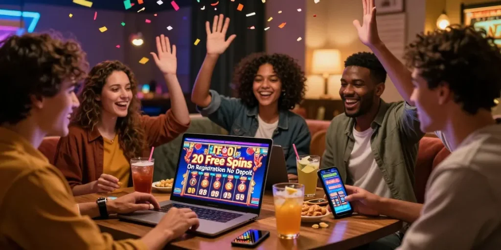 Friends celebrating while playing 20 free spins on registration no deposit at a lively online casino