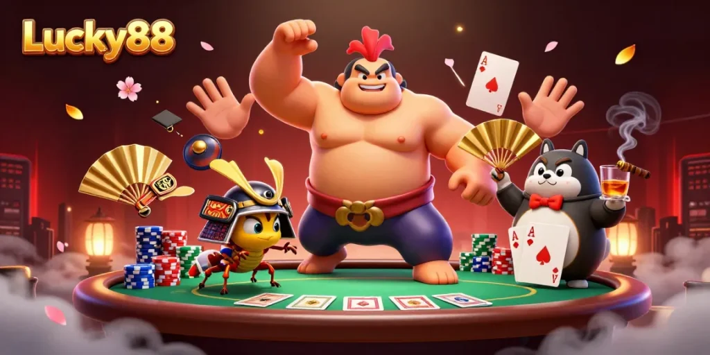 Lucky88 showcases an energetic poker scene with a sumo wrestler, samurai cricket, and tanuki announcer.