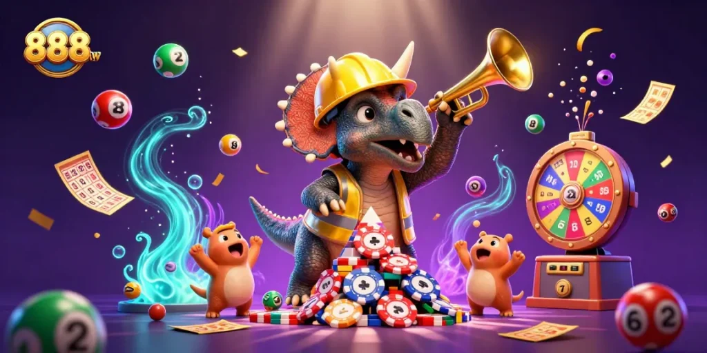 Win big with 888new as a triceratops builds poker chip pyramid amidst lively lottery elements.