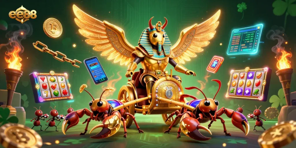 ee88 brings the thrill of slot games with vibrant characters and glowing crypto elements.