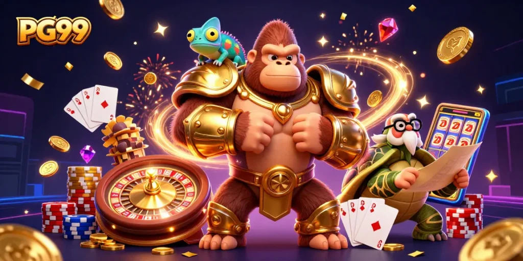 Engage with the thrilling atmosphere of PG99 casino magic, where a golden gorilla king leads the excitement.