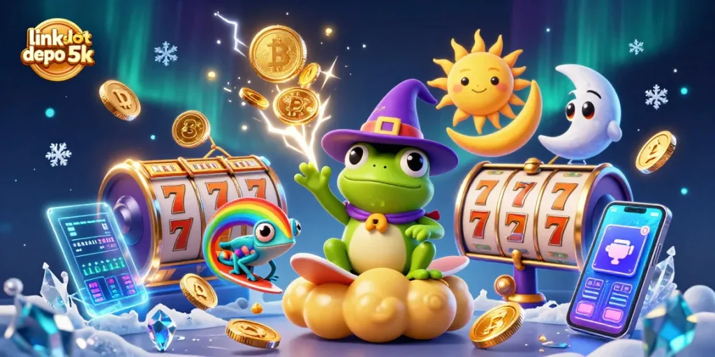 Spin to win at link slot depo 5k with golden coins and vibrant chameleon in an enchanting scene.