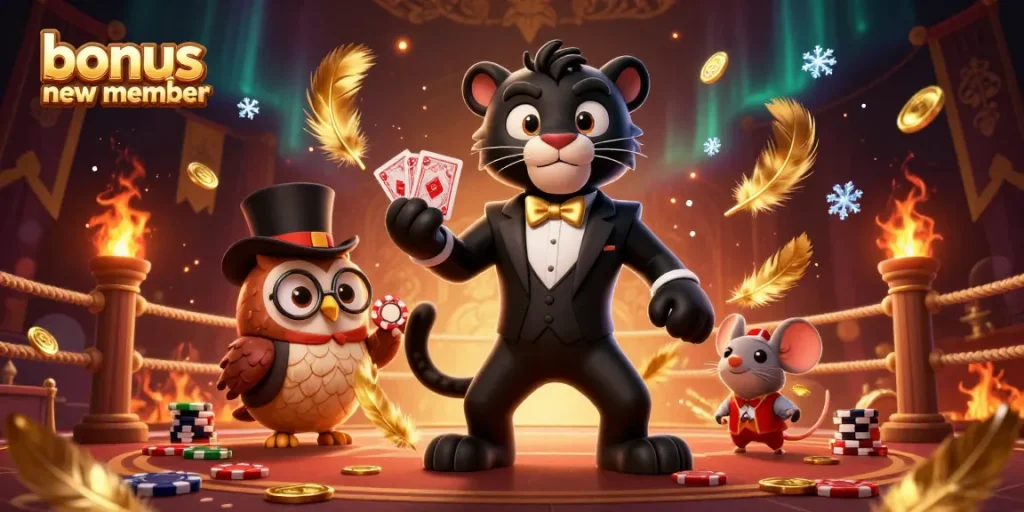 Experience bonus new member offerings with engaging 3D cartoon characters in a vibrant casino setting.