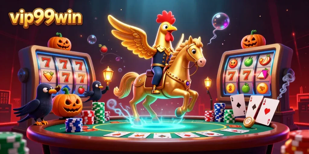 Experience thrilling gameplay at vip99win with dynamic slot reels and poker tables in a vibrant casino scene.