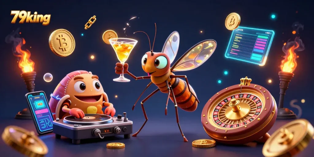 Play thrilling casino games with 79king, featuring a lively scene of a golden cocktail mascot and dynamic gaming elements.
