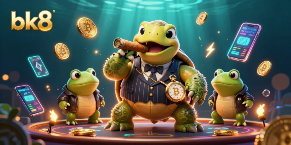 Experience thrilling bets with bk8's vibrant casino scene featuring unique characters and crypto elements.