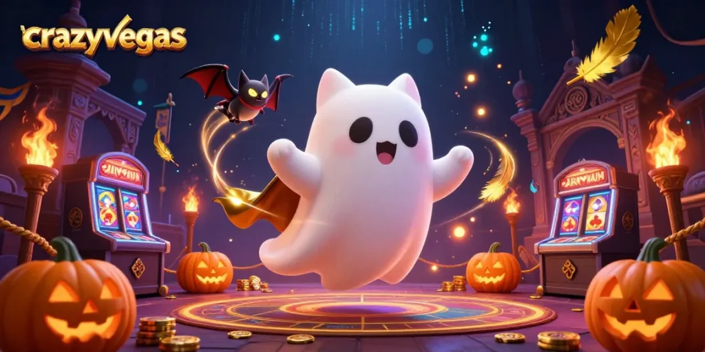 Engage with crazyvegas amidst haunted casino elements featuring a friendly ghost cat and vibrant tokens.